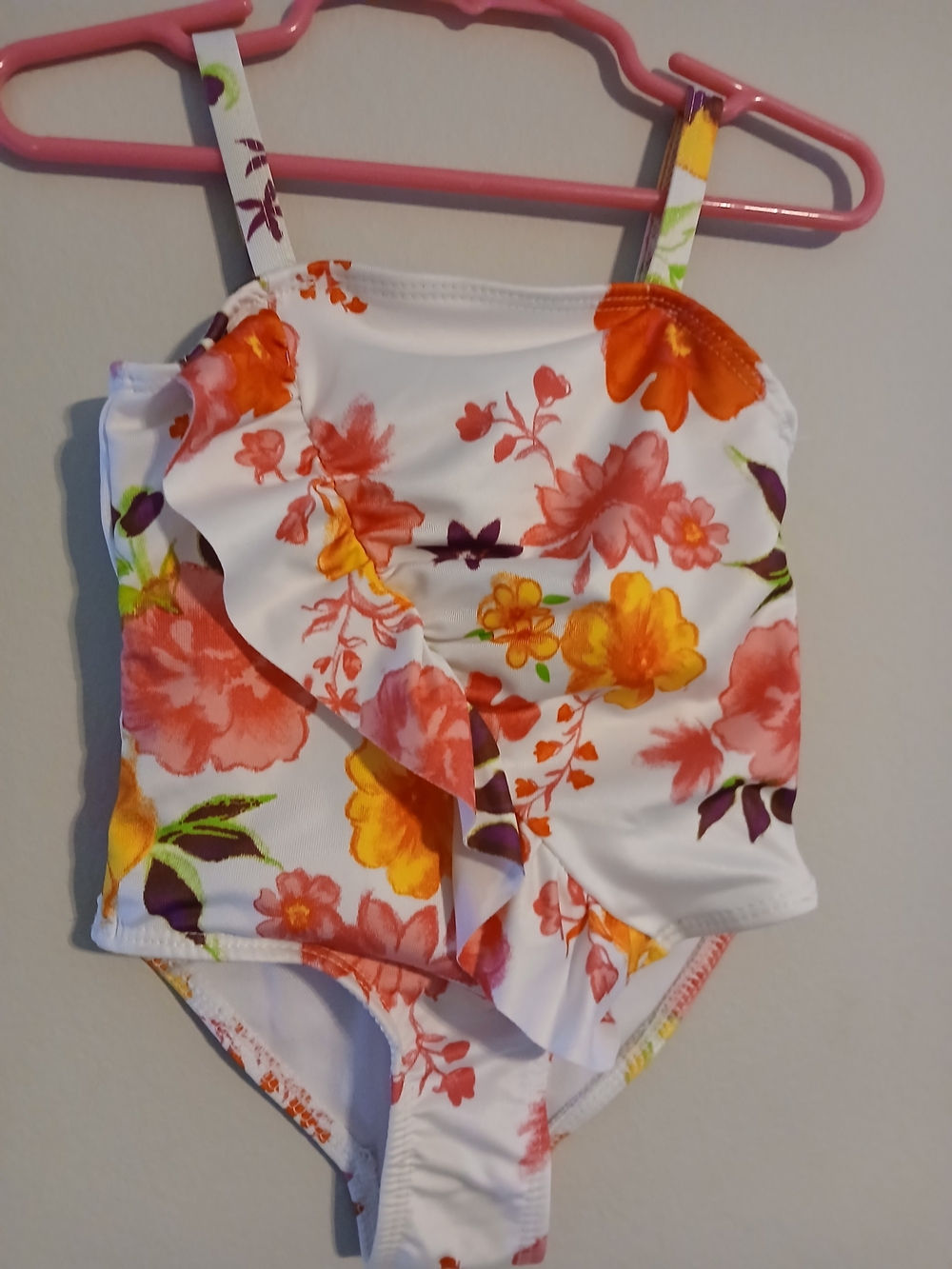 Kids Floral Ruffle One-Piece Swimsuit - White with Orange & Yellow Flowers